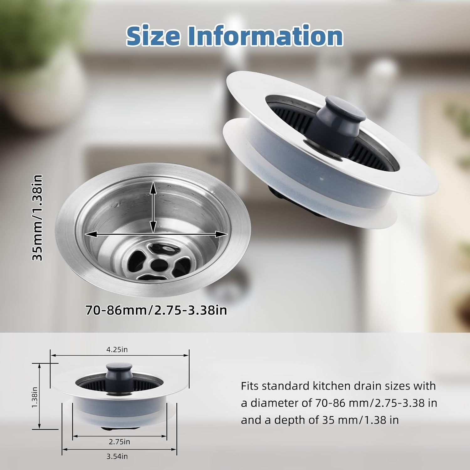 iFealClear 3-in-1 Drain Strainer Stopper Chrome Stainless Steel