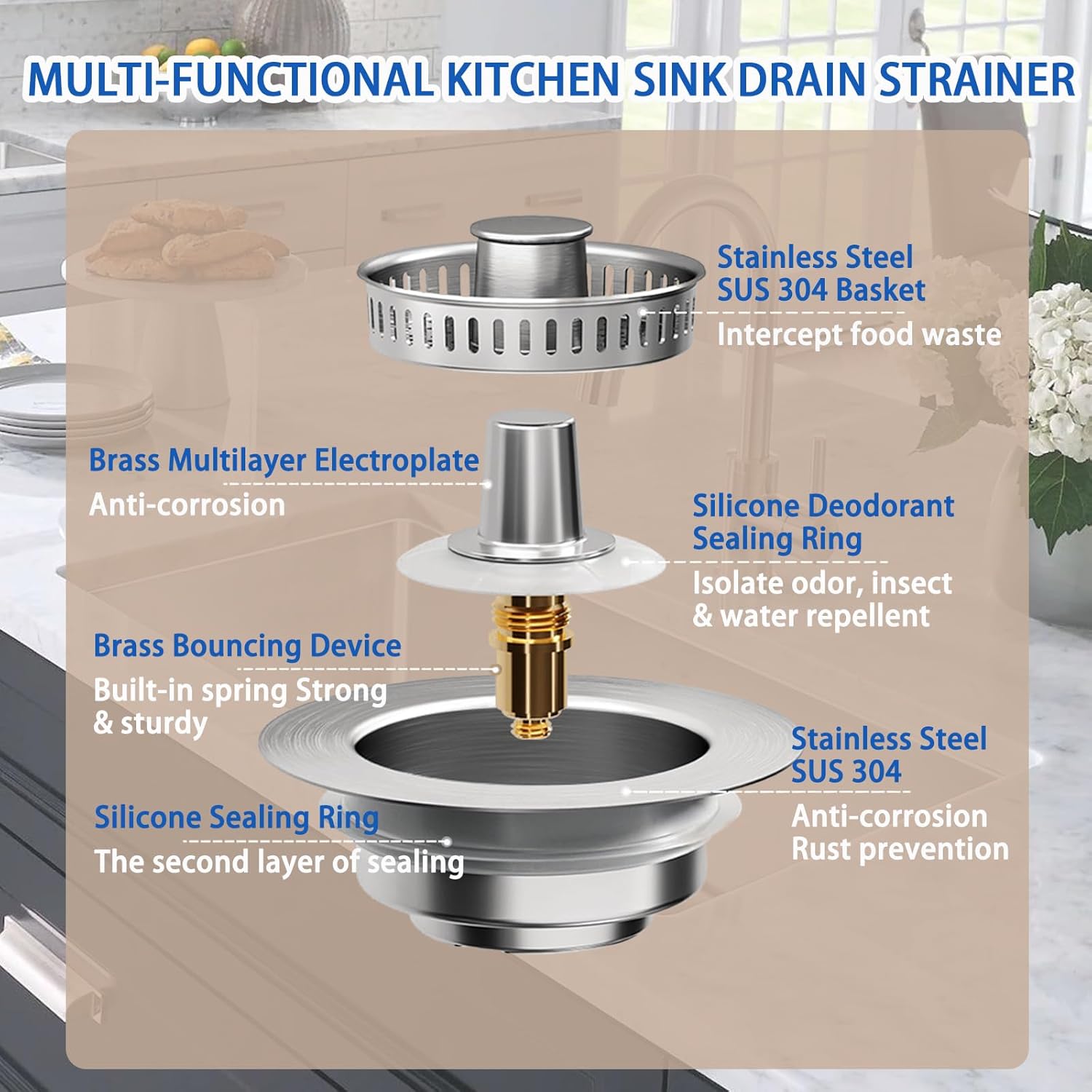 Boncana 3 in 1 Stainless Steel Sink Stopper with Chrome Pop Up Strainer