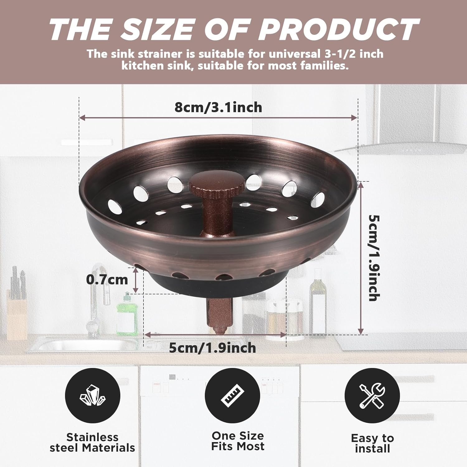Retisee 2 Pcs Stainless Steel Drain Strainer Antique Copper Kitchen Sink Stopper