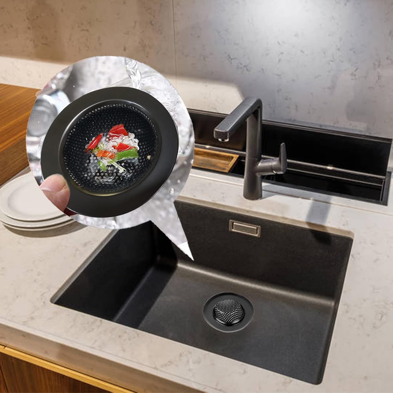 2 Pcs Black Stainless Steel Mesh Sink Drain Strainer with Large Food Catch