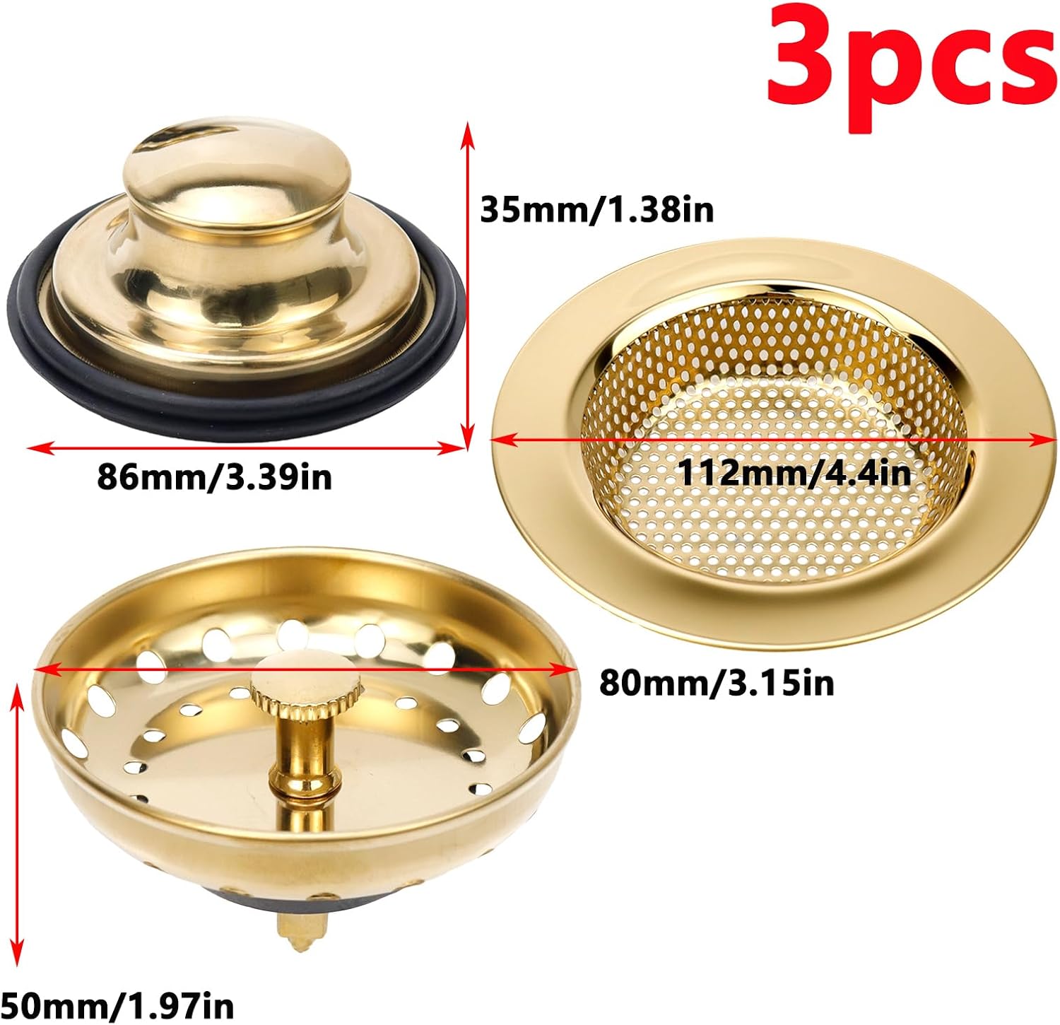 Antrader Gold Drain Strainer Set 3Pcs Stainless Steel