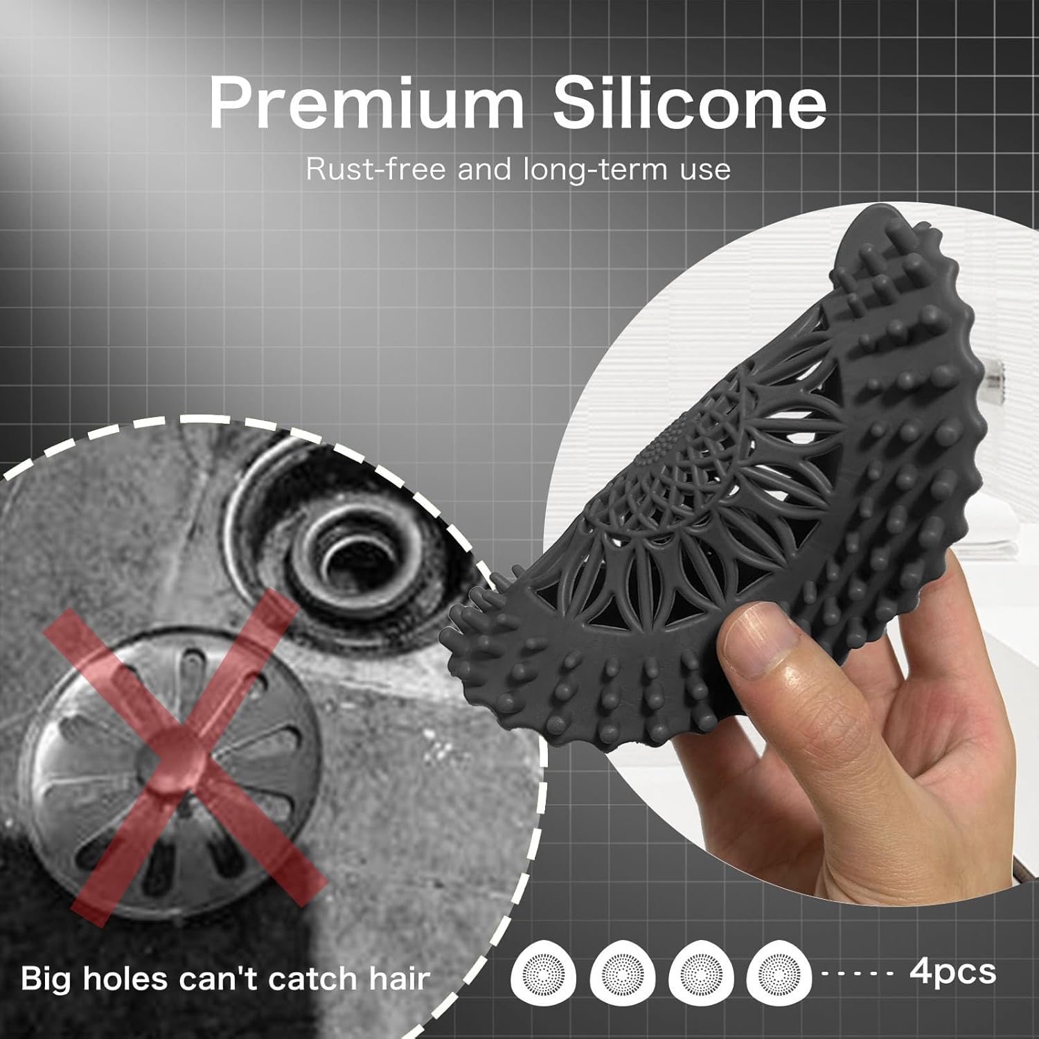 WODETIM Shower Drain Hair Catcher 4 Pack Black