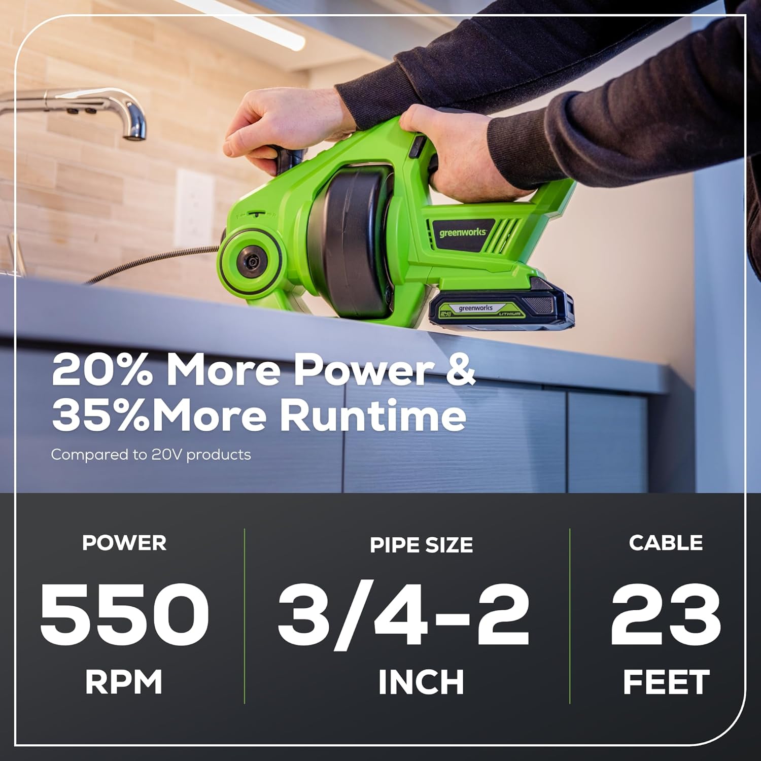 Greenworks 24V Cordless Drain Auger with 20Ah Battery