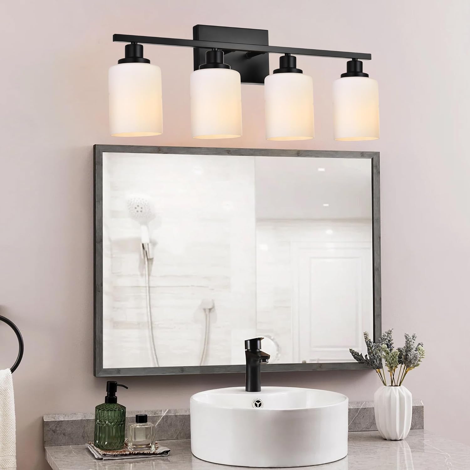 MELUCEE 4-Light Wall Lamp Matte Black with Milky White Glass Shade