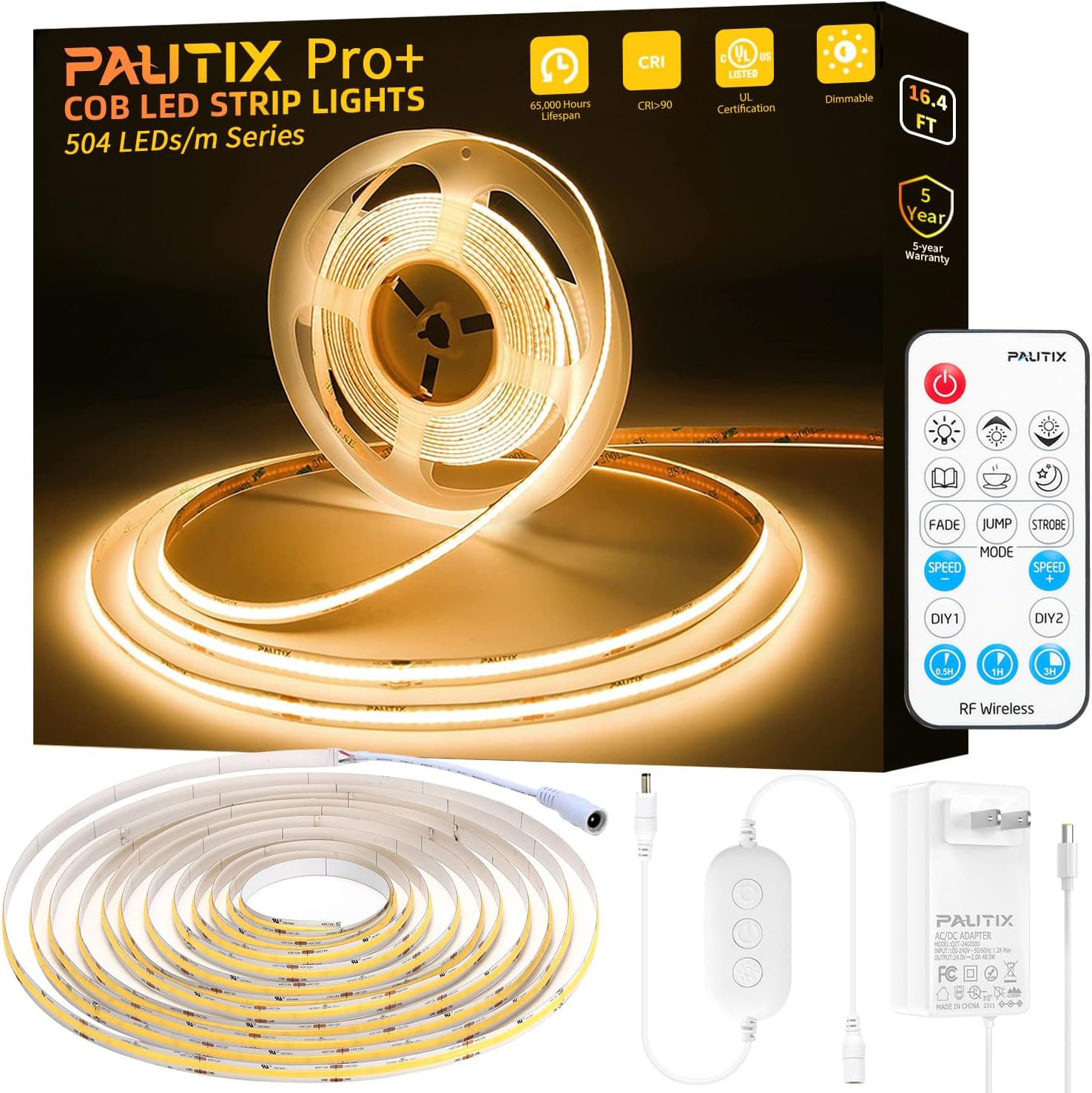 PAUTIX 2700K COB LED Strip Light 164ft Dimmable with RF Remote Timer