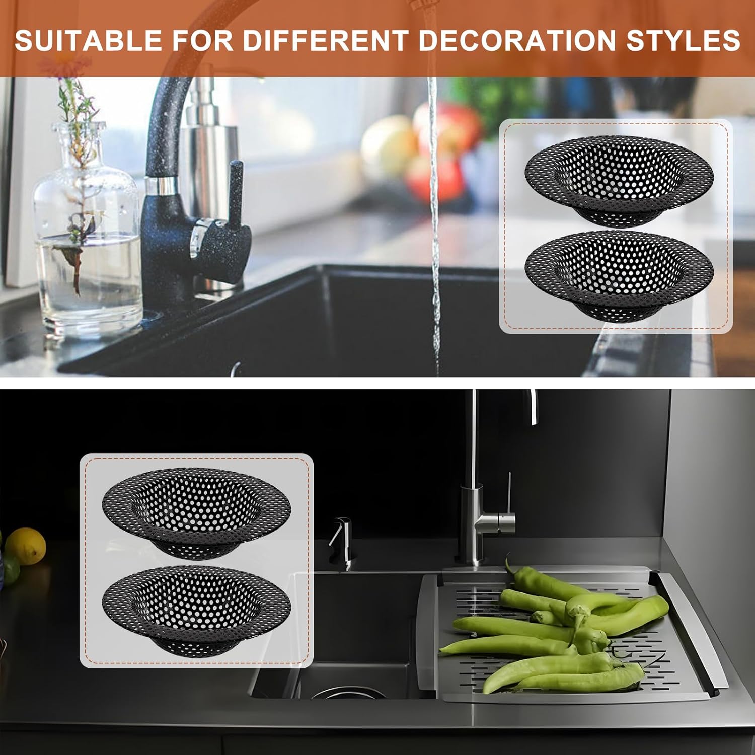 BESSEEK 2 Pcs Black Stainless Steel Mesh Sink Drain Strainer 1