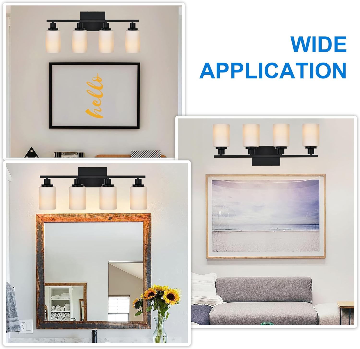MELUCEE 4-Light Wall Lamp Matte Black with Milky White Glass Shade