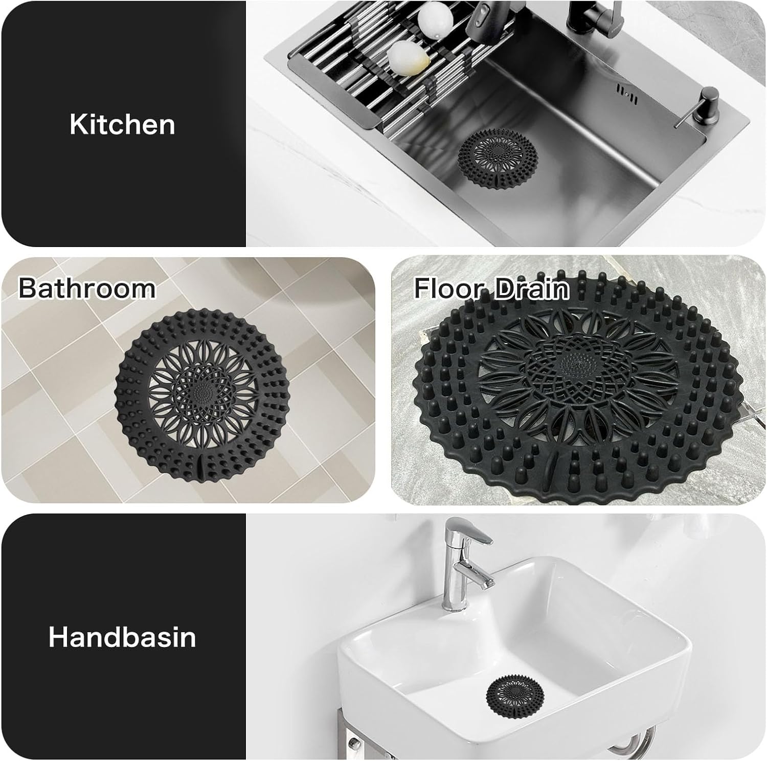 WODETIM Shower Drain Hair Catcher 4 Pack Black