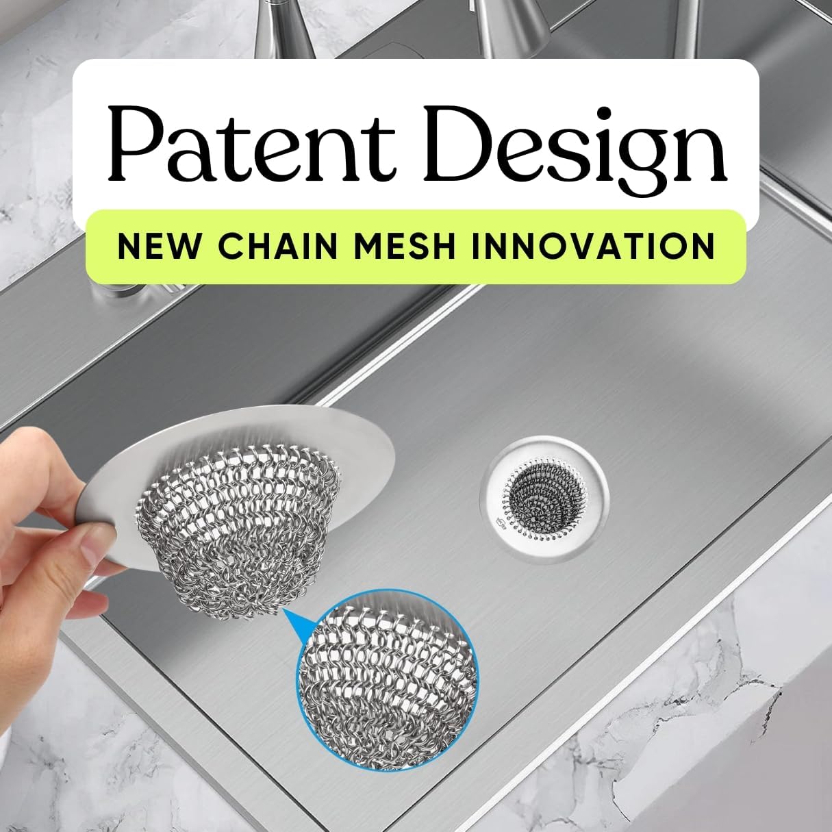 Sir Drainalot Kitchen Sink Drain Strainer - Reversible Chain Non-Clogging Stainless Steel