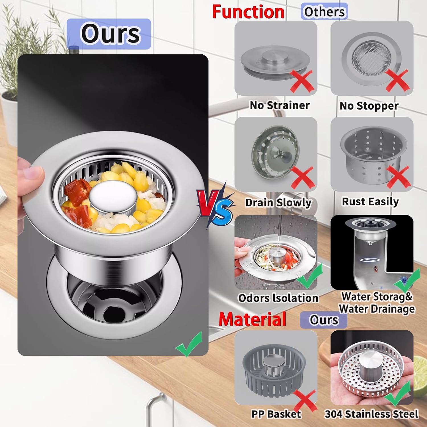 Boncana 3 in 1 Stainless Steel Sink Stopper with Chrome Pop Up Strainer