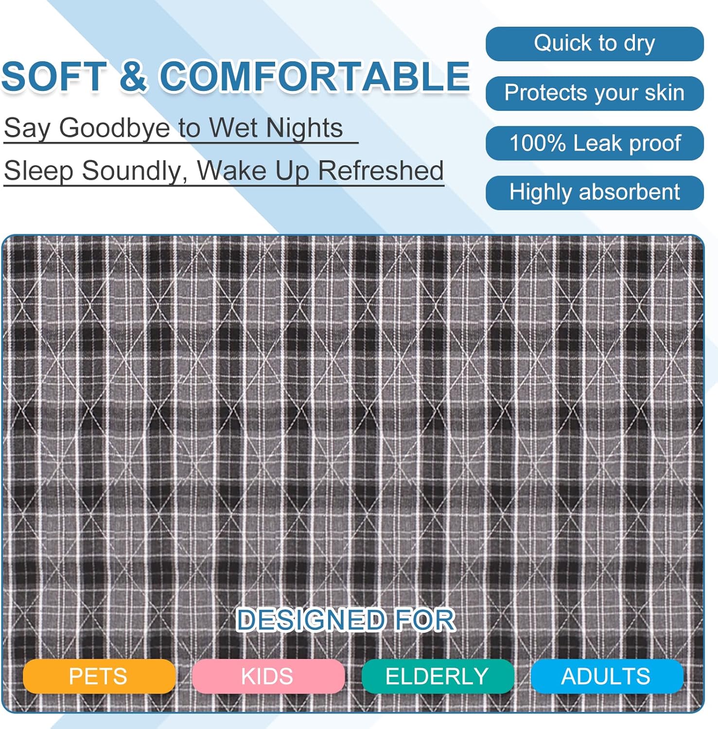 OUTCREATOR Washable Bed Pads 34x36 2-Pack Black Plaid