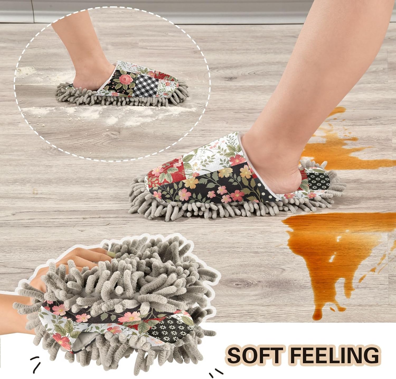 Sinestour Patchwork Roses Mop Slippers for Floor Cleaning