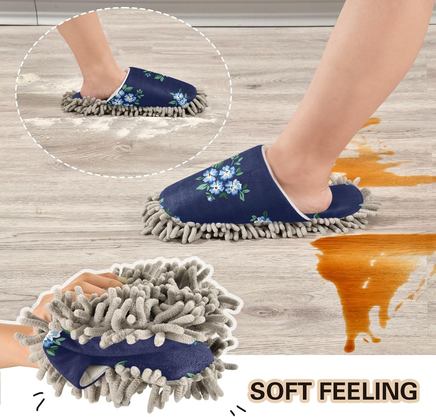 Kigai Microfiber Slippers with Blue Flowers for Floor Cleaning