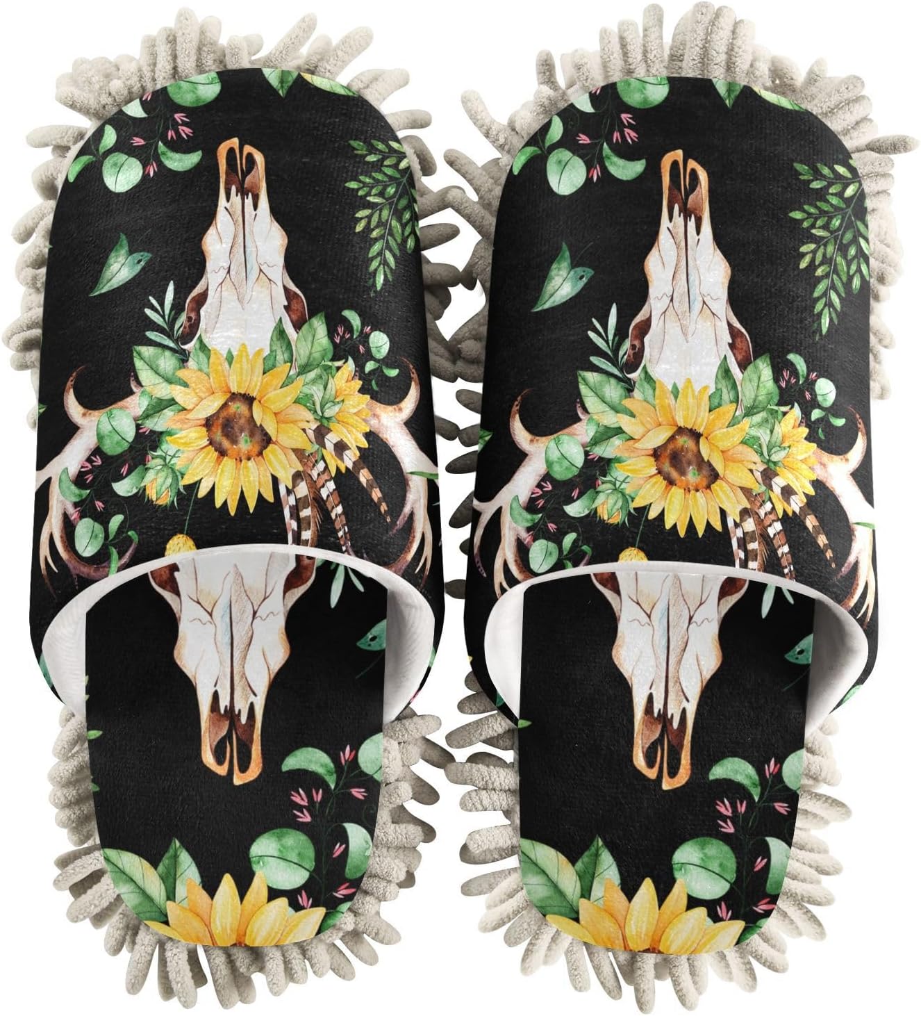 Sinestour Sunflowers Skull Mop Slippers for Floor Cleaning 1