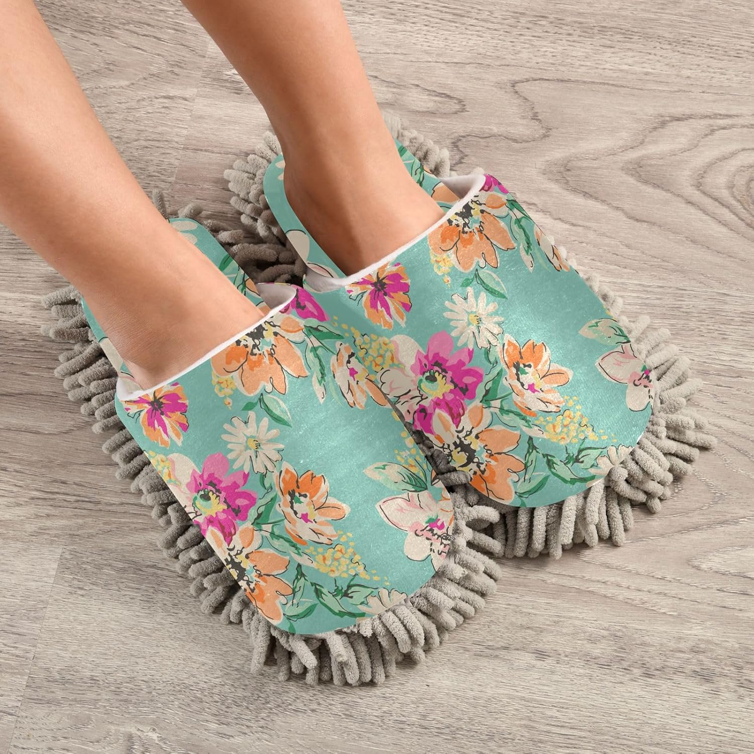 Sinestour Sketched Flower Mop Slippers for Floor Cleaning