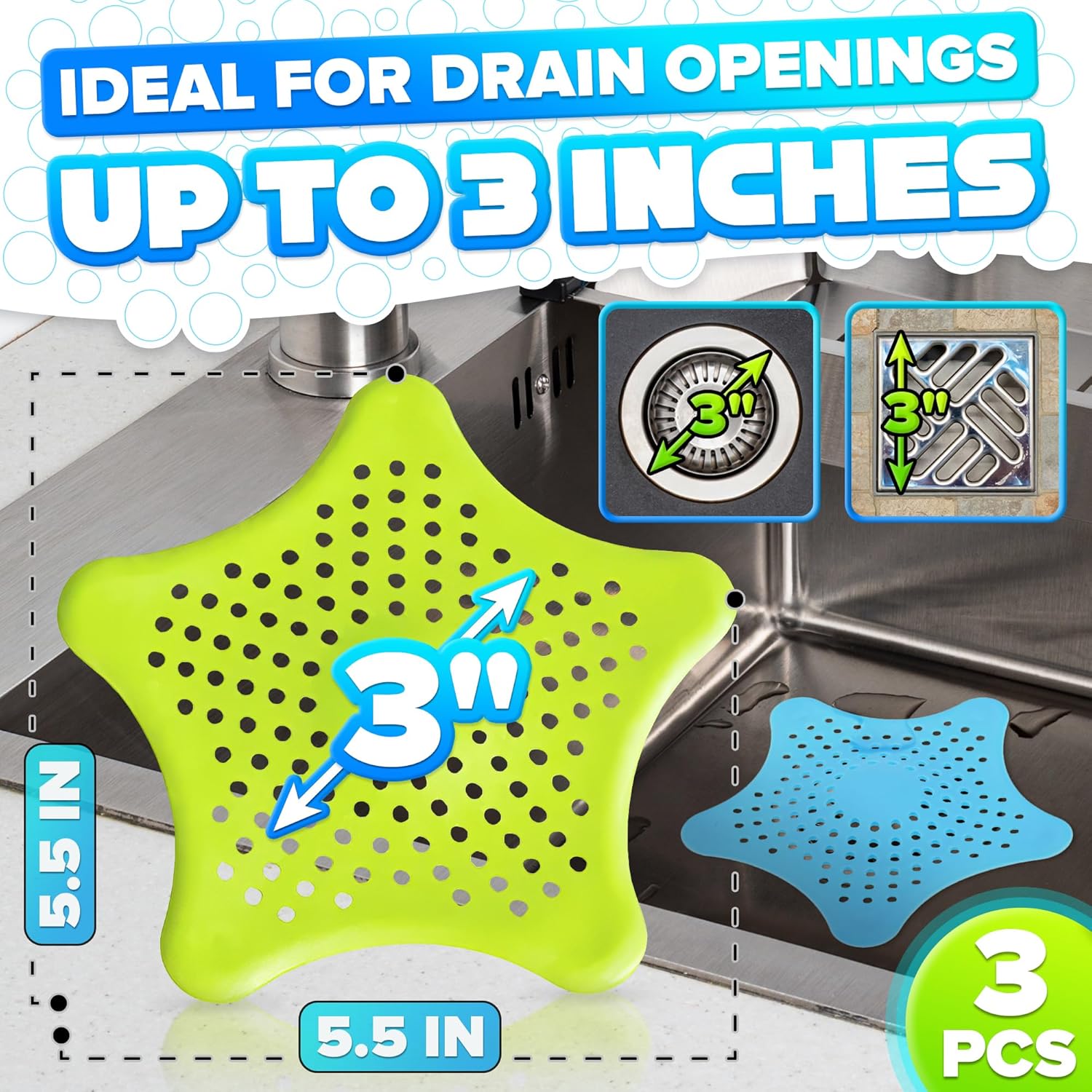BURIUS 3Pcs Starfish Sink Strainers - Hair Catcher for Kitchen and Bath