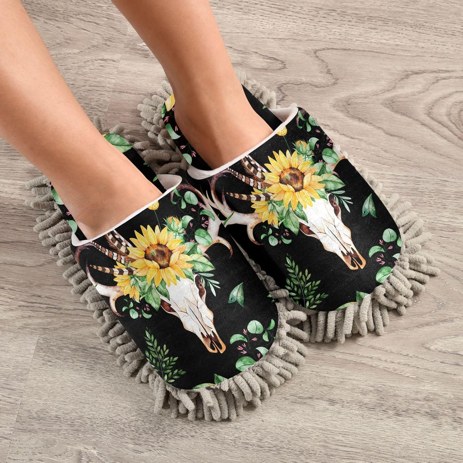 Sinestour Sunflowers Skull Mop Slippers for Floor Cleaning 1