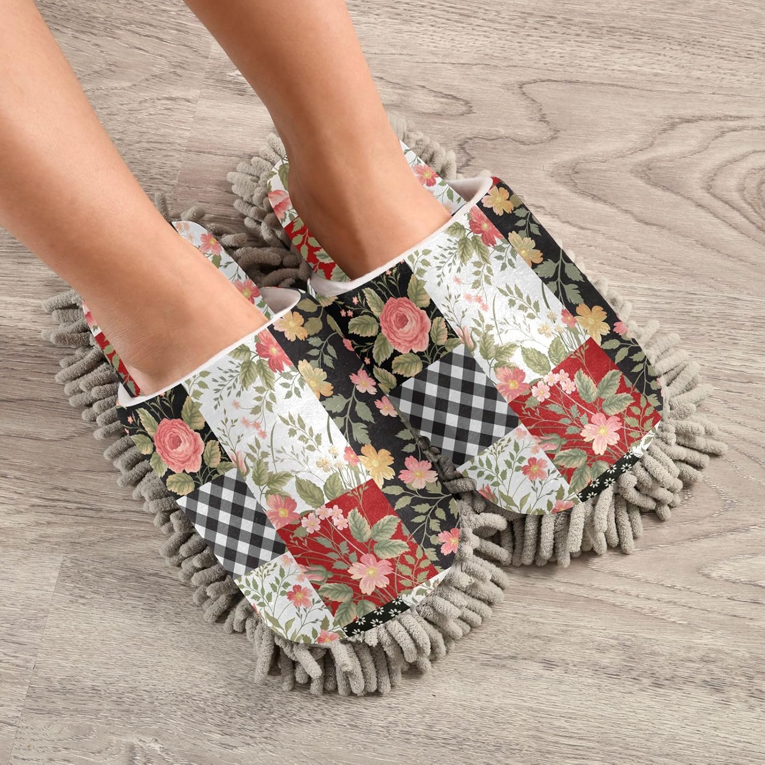 Sinestour Patchwork Roses Mop Slippers for Floor Cleaning