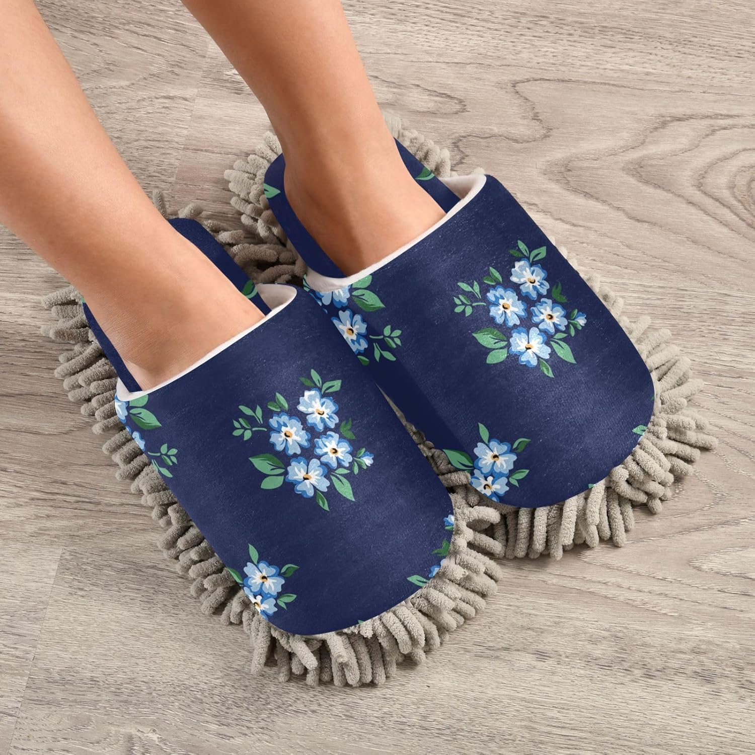 Kigai Microfiber Slippers with Blue Flowers for Floor Cleaning