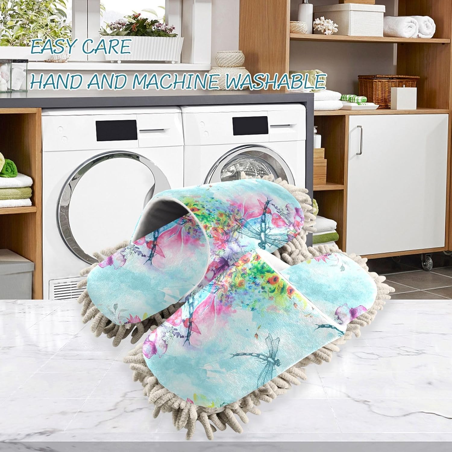 Sinestour Dragonfly Flowers Mop Slippers for Floor Cleaning