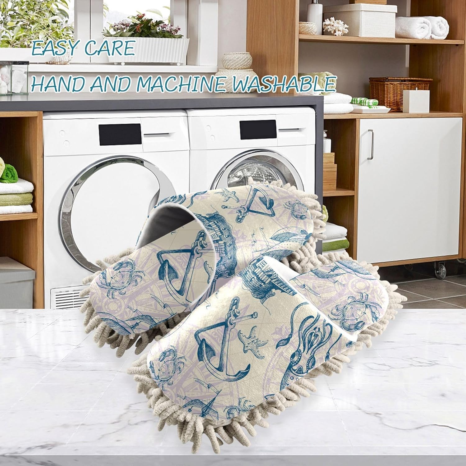 Sinestour Vintage Sailboat Seashells Mop Slippers