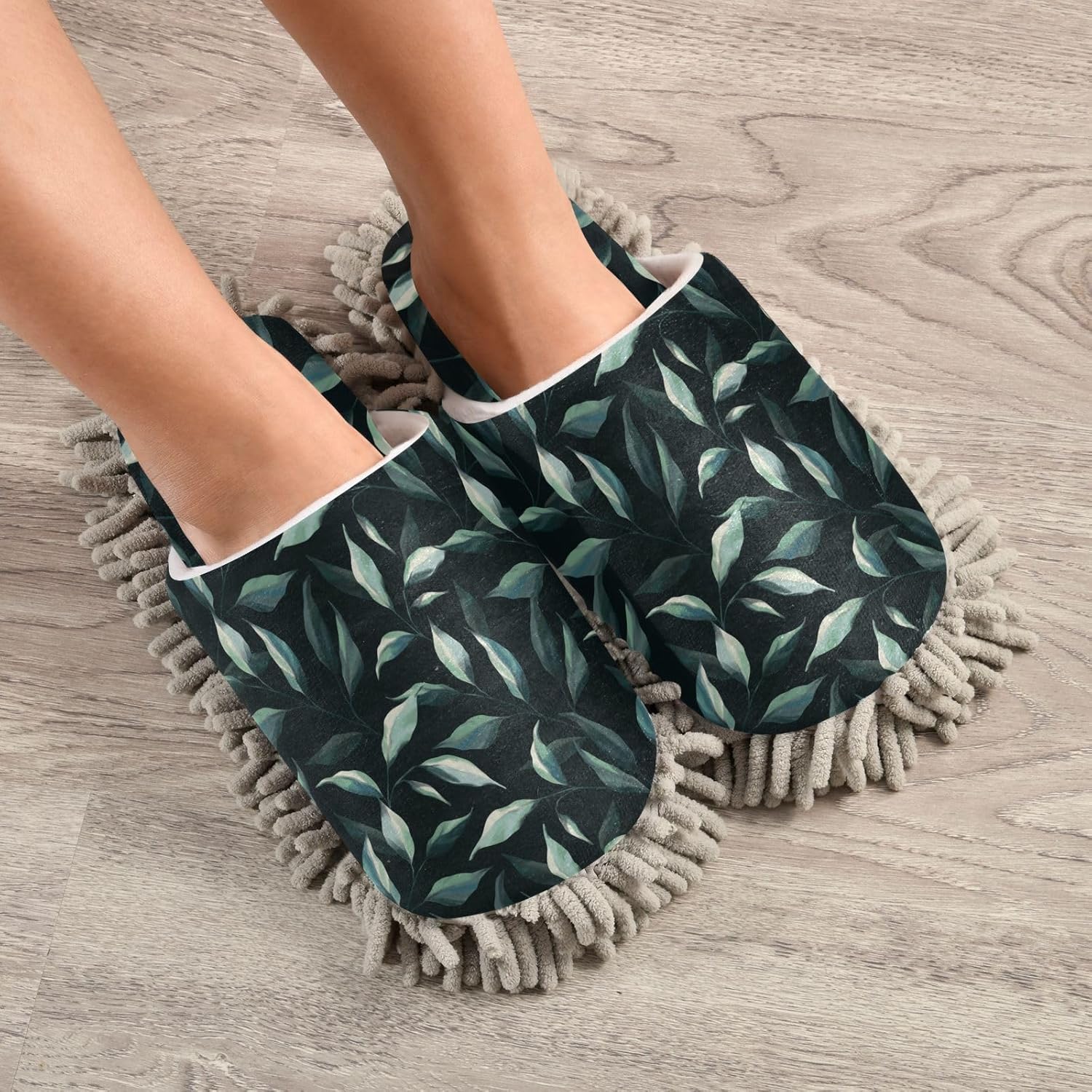 Kigai Microfiber Slippers - Black Leaf Design for Floor Cleaning
