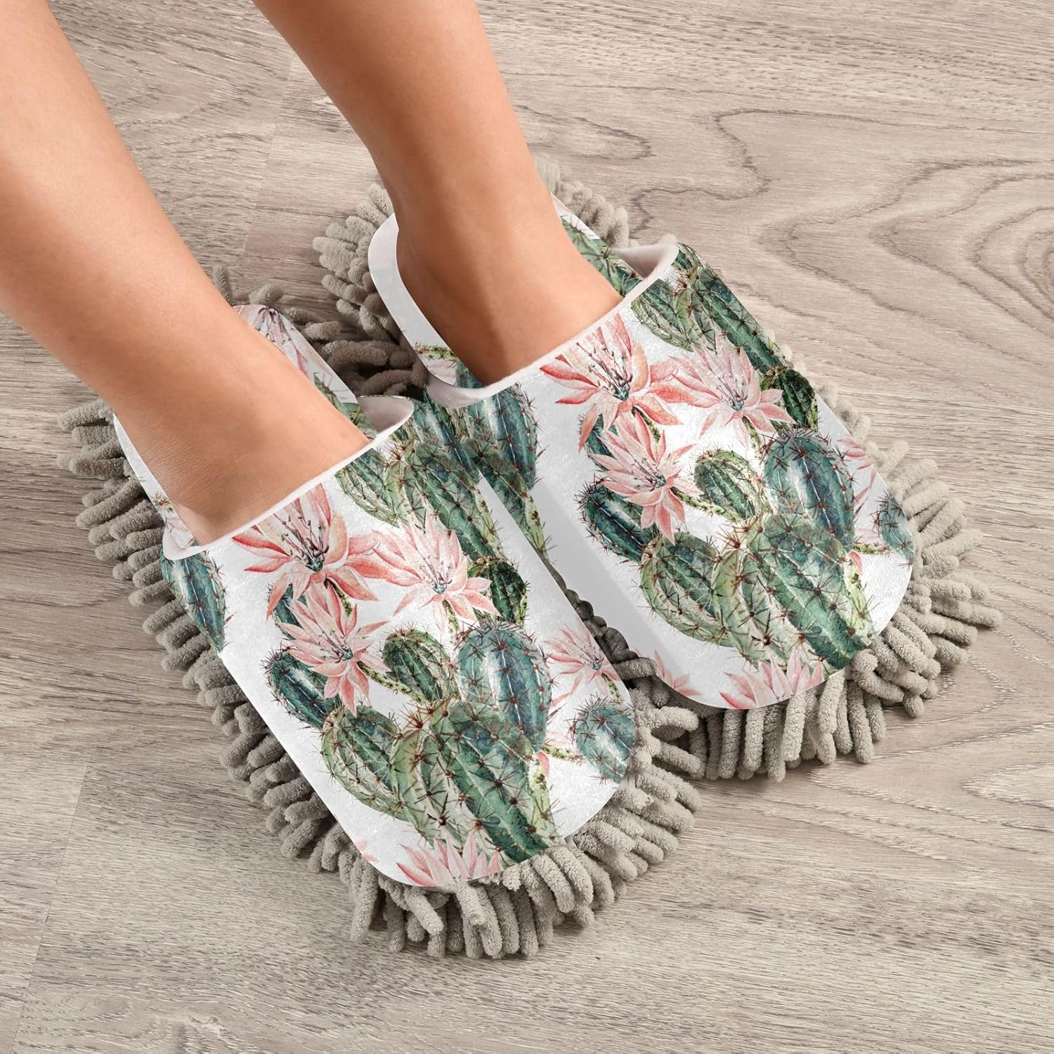 Sinestour Floral Cactus Mop Slippers for Floor Cleaning