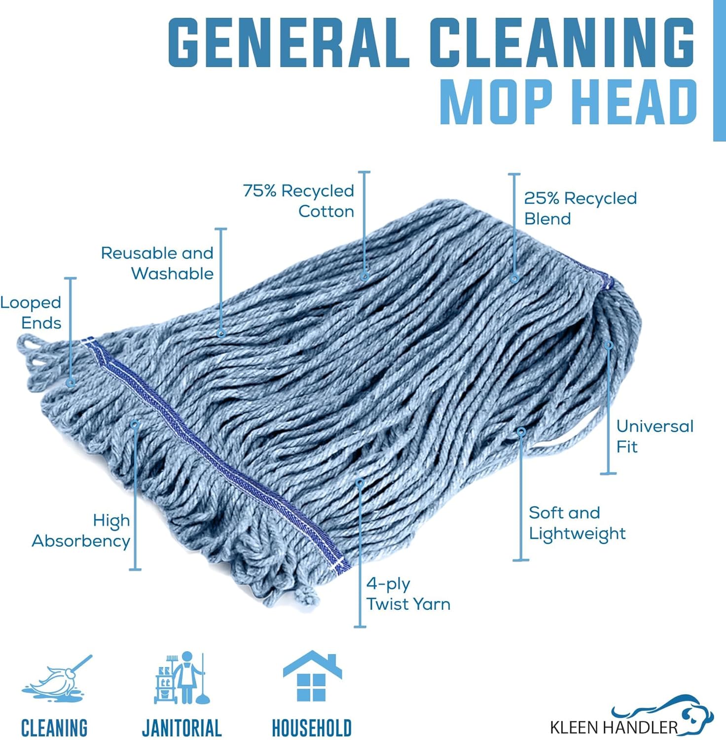 KLEEN HANDLER 3 Pack Heavy Duty Mop Heads 100 Safe Handler Gloves