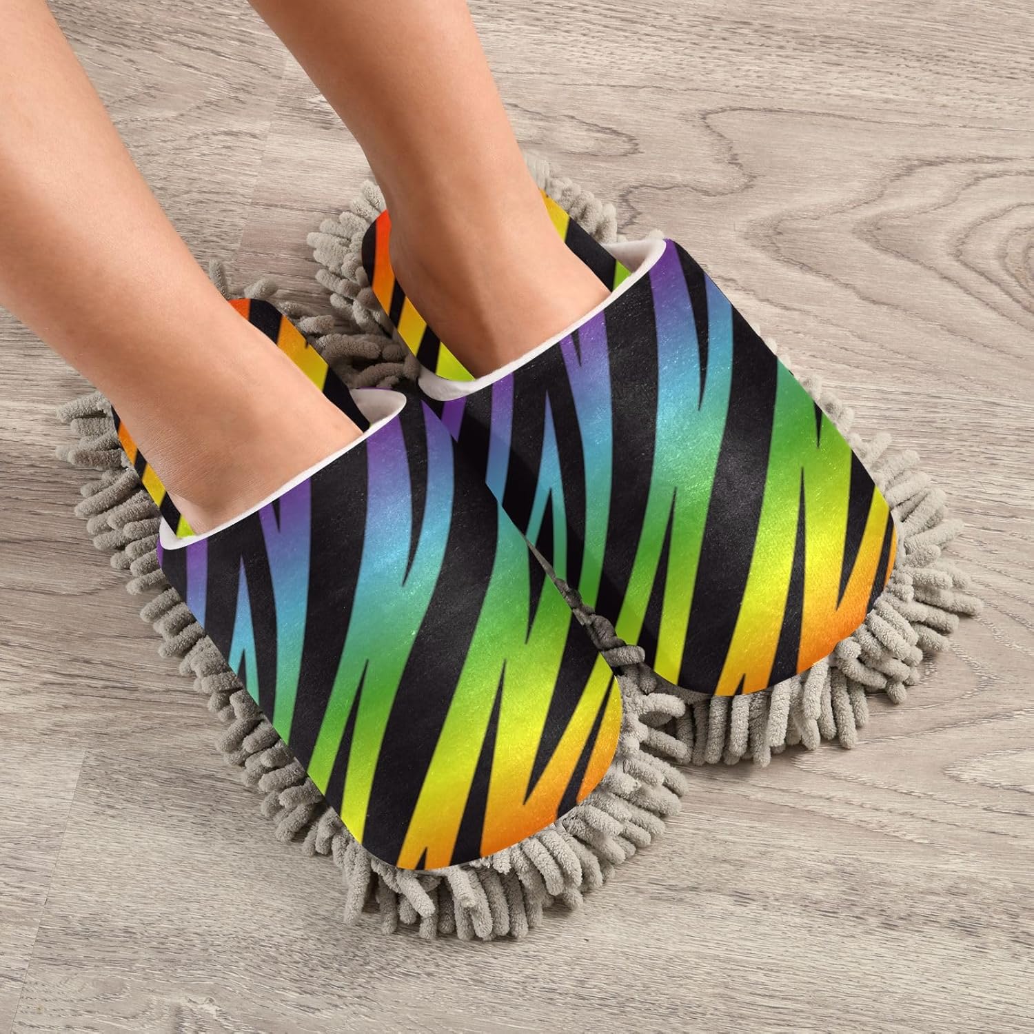 Sinestour Rainbow Zebra Mop Slippers for Floor Cleaning