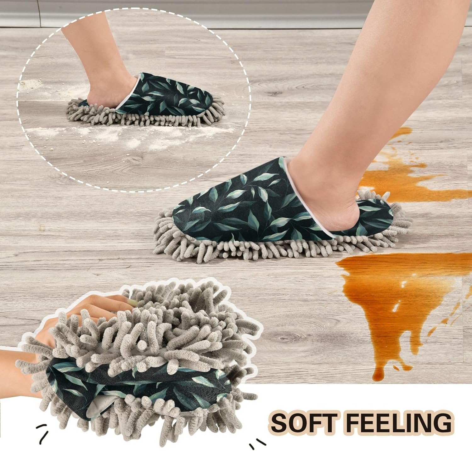 Kigai Microfiber Slippers - Black Leaf Design for Floor Cleaning