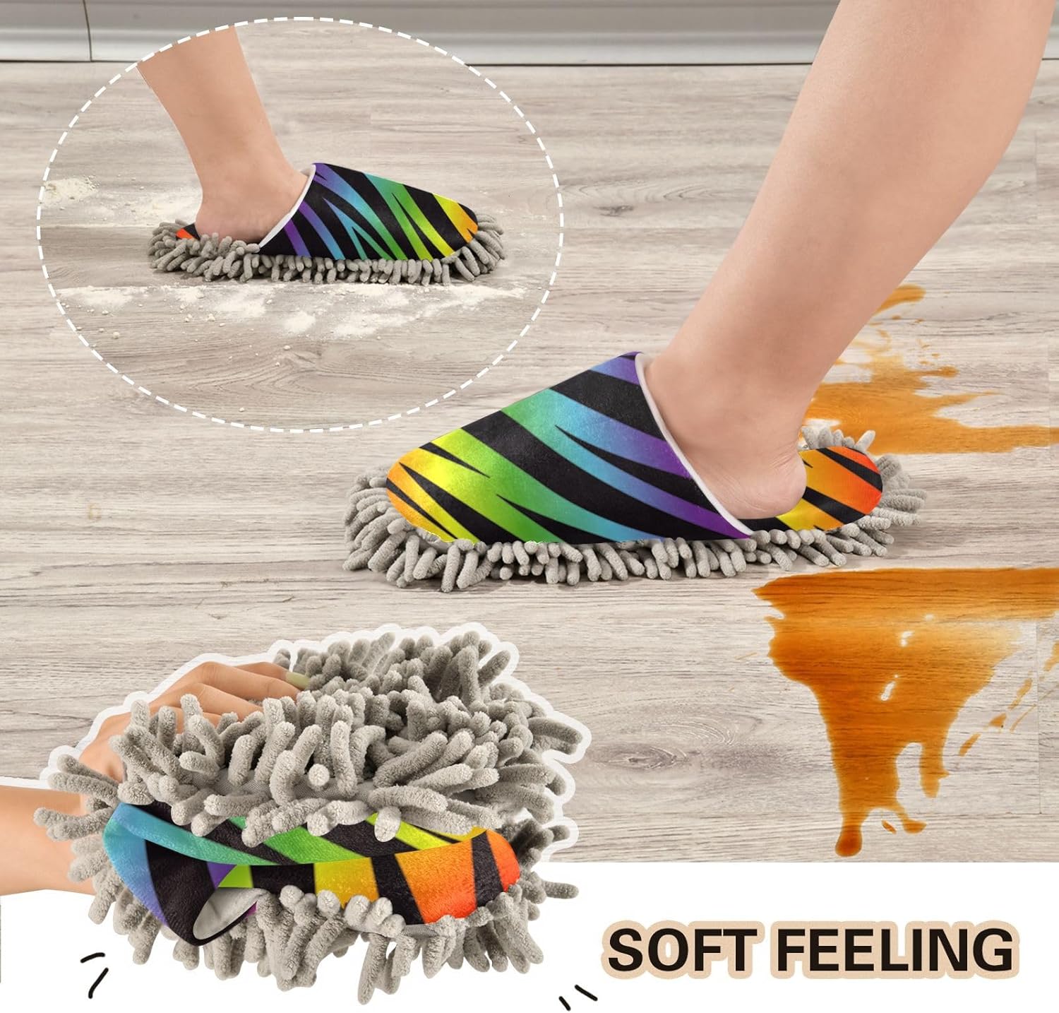 Sinestour Rainbow Zebra Mop Slippers for Floor Cleaning