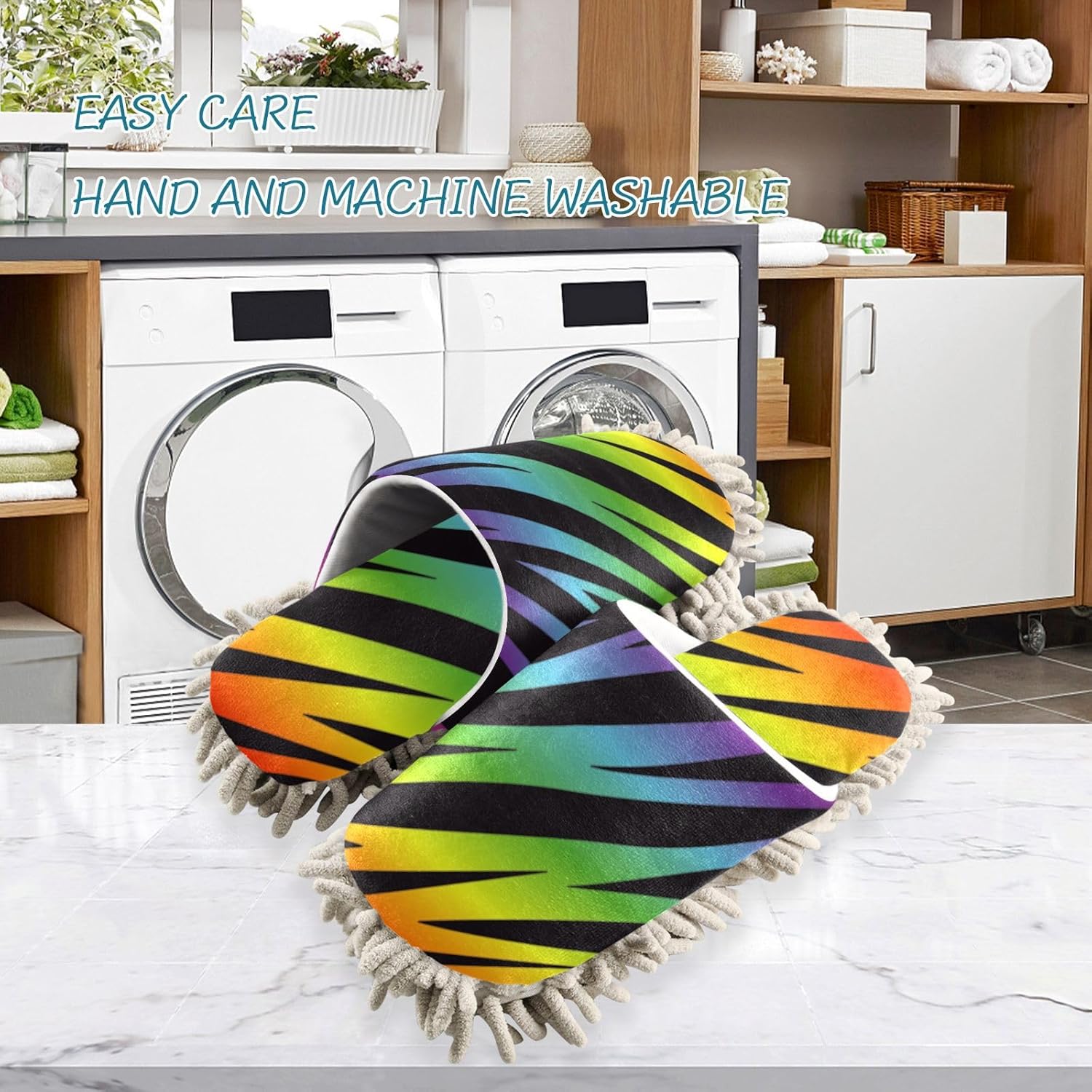 Sinestour Rainbow Zebra Mop Slippers for Floor Cleaning