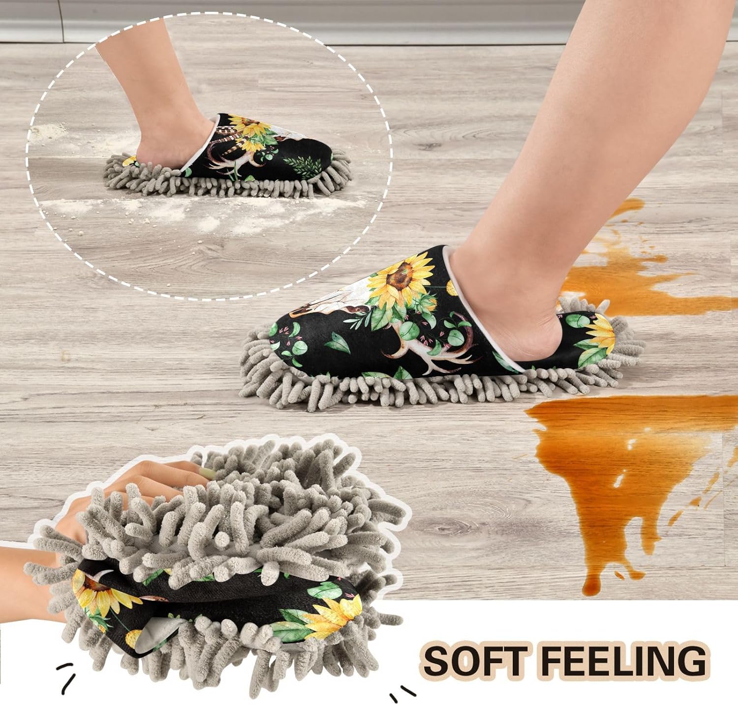 Sinestour Sunflowers Skull Mop Slippers for Floor Cleaning 1