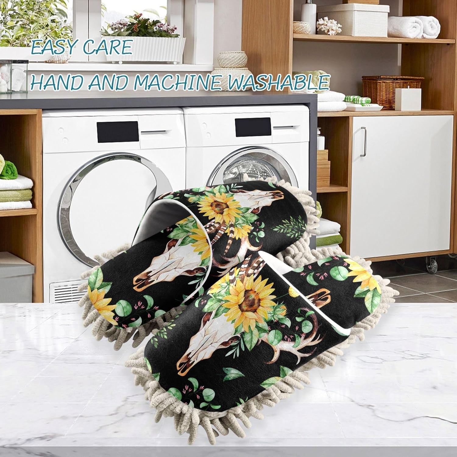 Sinestour Sunflowers Skull Mop Slippers for Floor Cleaning 1