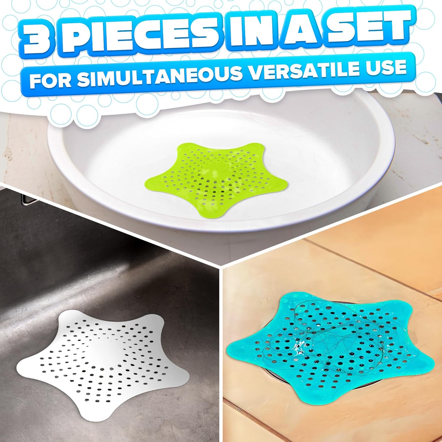 BURIUS 3Pcs Starfish Sink Strainers - Hair Catcher for Kitchen and Bath