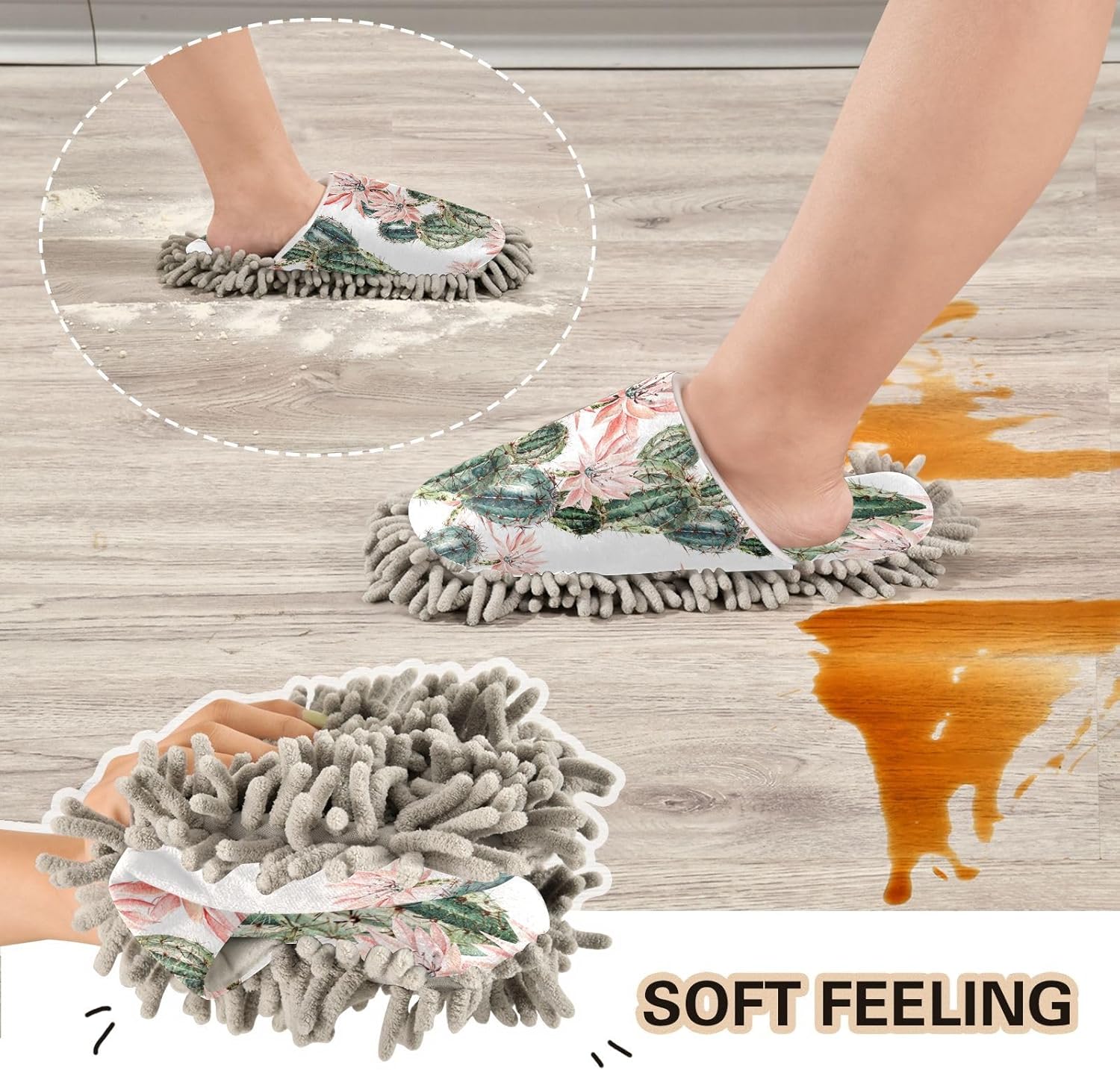 Sinestour Floral Cactus Mop Slippers for Floor Cleaning