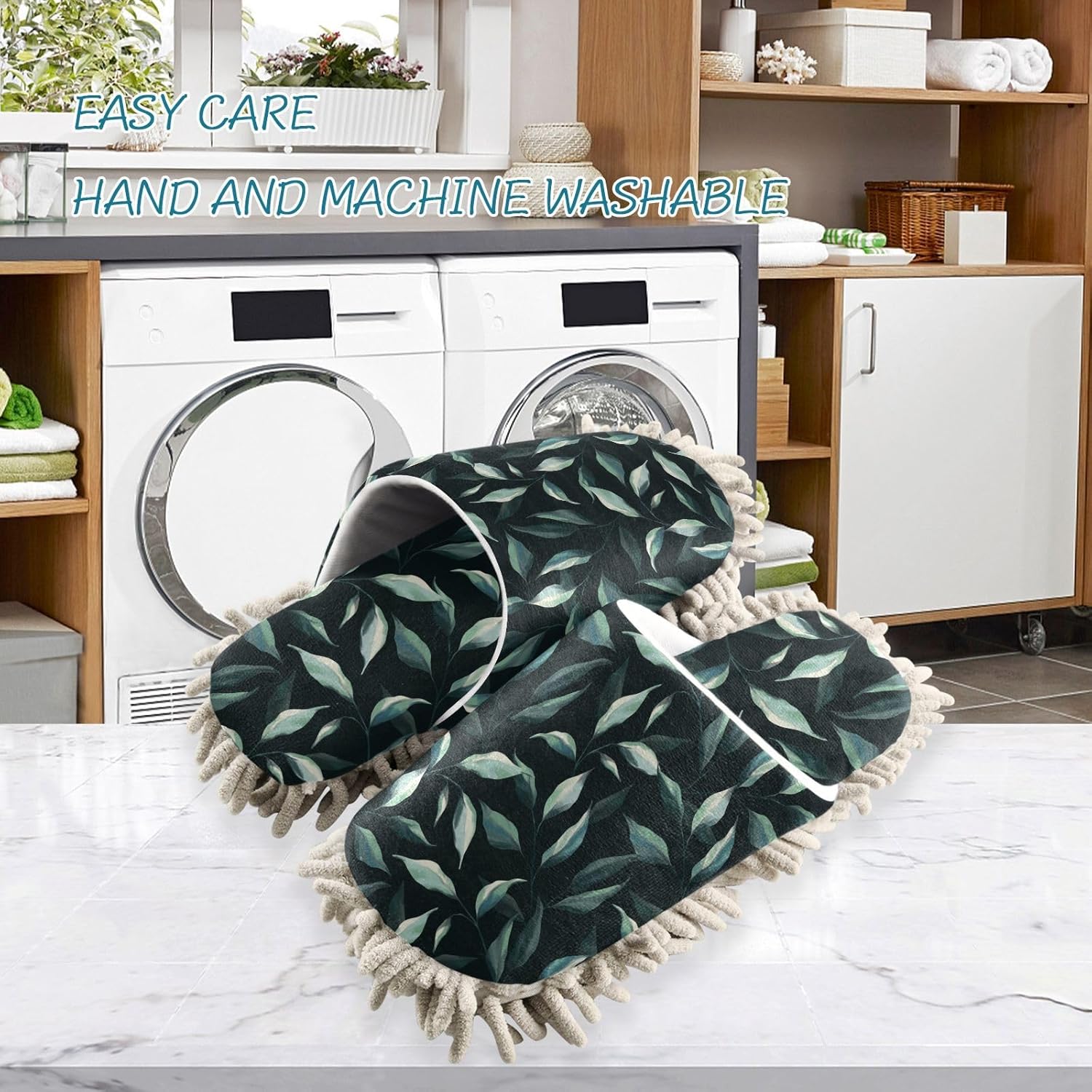 Kigai Microfiber Slippers - Black Leaf Design for Floor Cleaning