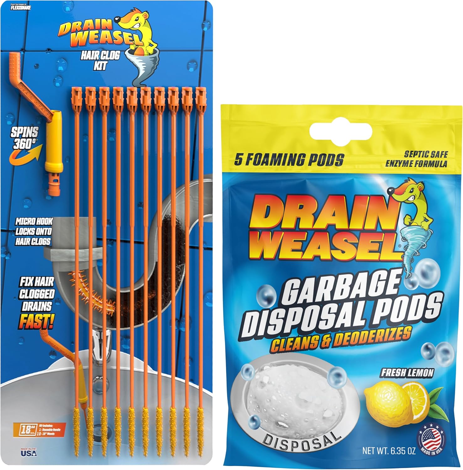 FlexiSnake Drain Weasel 10 Wands Tool with Lemon Scent Pods