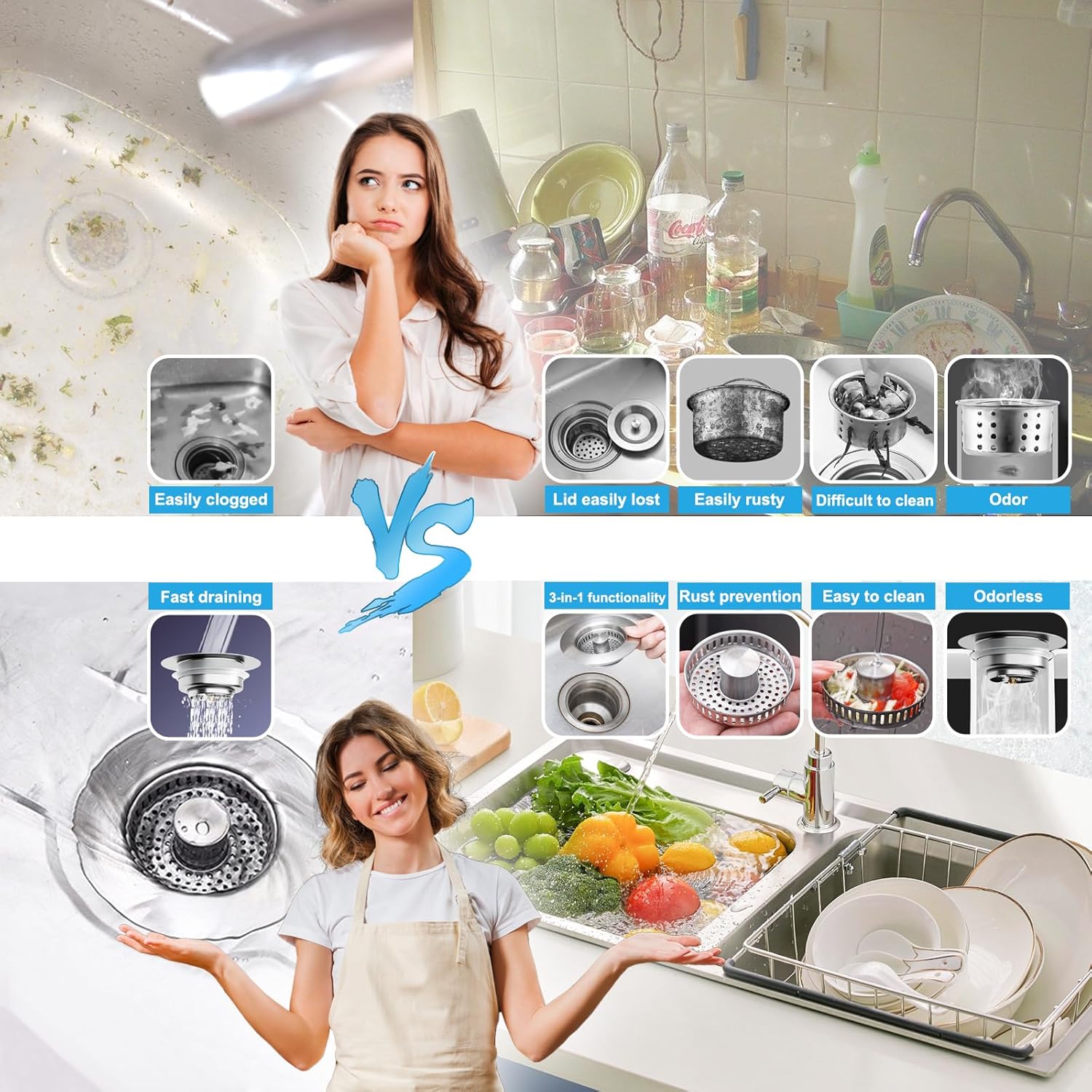 COMLELA 3 in 1 Sink Drain Strainer Combo