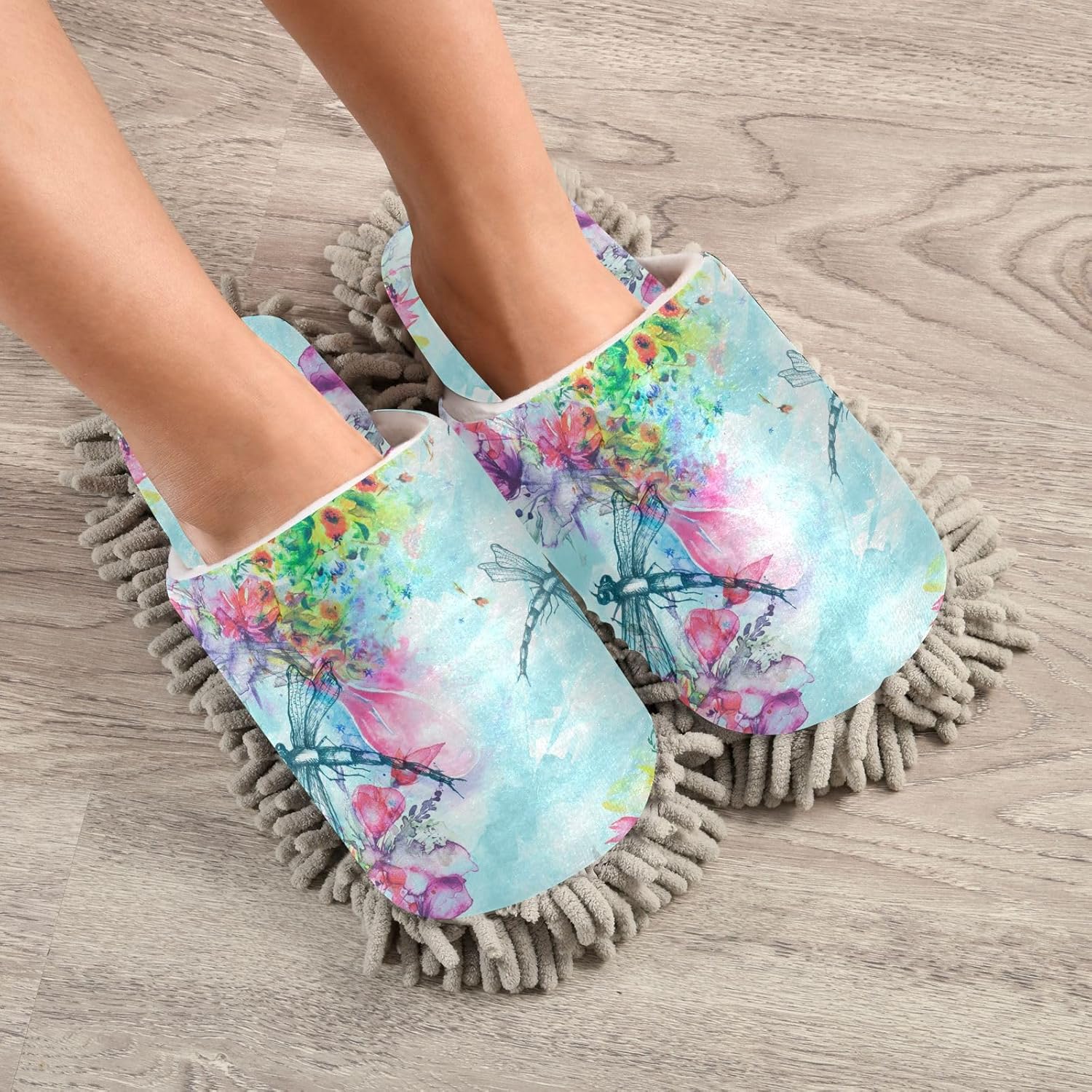 Sinestour Dragonfly Flowers Mop Slippers for Floor Cleaning