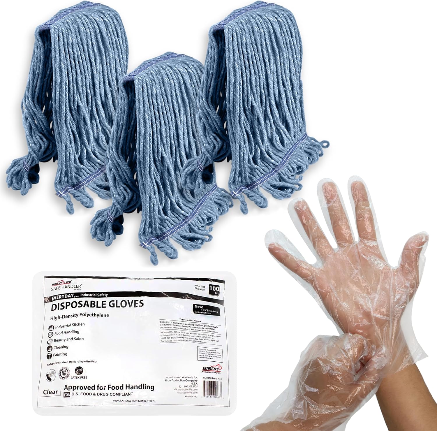 KLEEN HANDLER 3 Pack Heavy Duty Mop Heads 100 Safe Handler Gloves